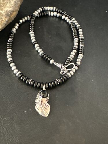 Navajo Black Onyx Pendant | Pearl Sterling Silver Necklace | Authentic Native American Handmade | 14899