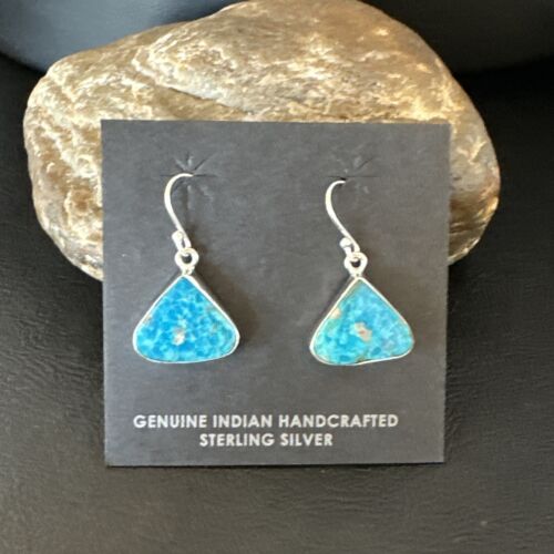Blue Turquoise Dangle Earrings | Sterling Silver | 1" | Authentic Native American Handmade | 15802