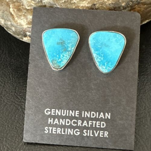 Navajo Blue Kingman Turquoise Post Stud Earrings | Sterling Silver | Authentic Native American Handmade | 17412