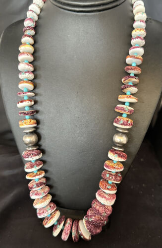Purple Spiny Oyster & Turquoise Necklace | Navajo Sterling Silver | Authentic Native American | 25" | 15023