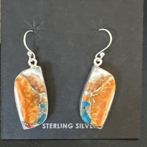 Navajo Blue Turquoise & Orange Spiny Oyster Inlay Dangle Earrings | Sterling Silver | Authentic Native American Handmade | 15580