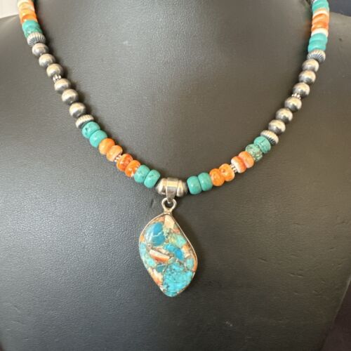 Navajo Spiny Turquoise Pendant Necklace | Sterling Silver | 22" | Authentic Native American Handmade | 17415