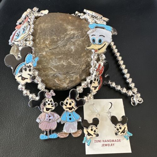 Disney Mickey Minnie Zuni Necklace Pendant | Sterling Silver Inlay | Authentic Native American Handmade | 16073