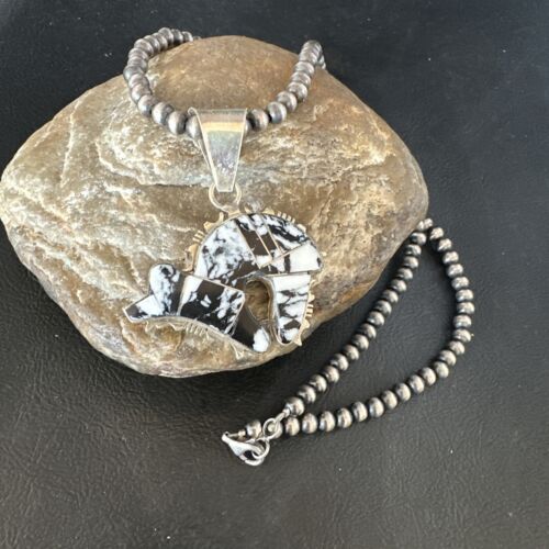 Navajo White Buffalo Turquoise Bear Inlay Pendant Necklace | Sterling Silver | Native American Handmade | 15247