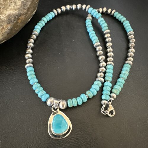 Navajo Blue Kingman Turquoise Pendant Necklace | Sterling Silver | 21" | Authentic Native American Handmade | 16933