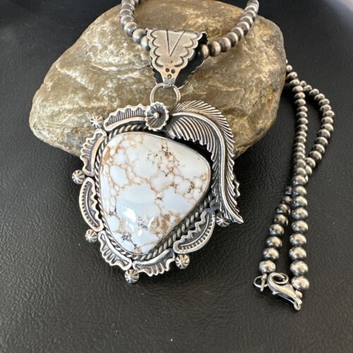 Men's White Buffalo Turquoise Pendant | Navajo Pearl Sterling Silver Necklace | Native American | 15817