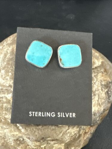 Navajo Blue Kingman Turquoise Post Stud Earrings | Sterling Silver | Authentic Native American Handmade | 17409
