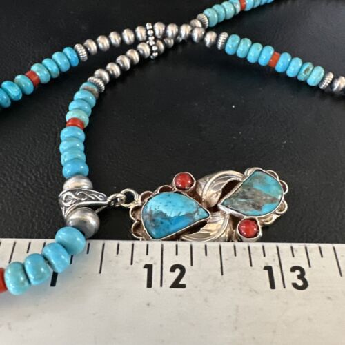 Navajo Blue Turquoise | Coral Pendant Necklace | Sterling Silver | Multi-Stone | 15256