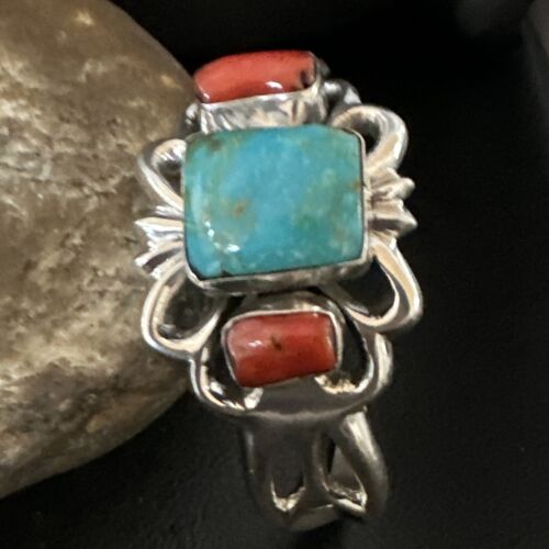 Kingman Turquoise Coral Cuff Bracelet | Navajo Tufa Cast | Sterling Silver | Authentic Native American Handmade | 16779