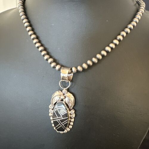 Navajo Pearls Black Onyx Inlay Necklace Pendant | Sterling Silver | Authentic Native American Handmade | 16535