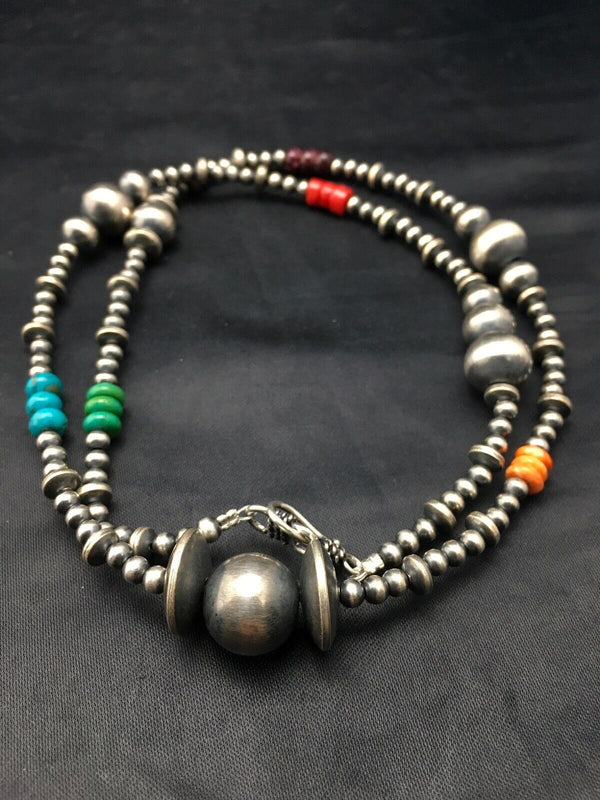 Native American Navajo Pearls Sterling Silver Bead Necklace 30" Single Strand