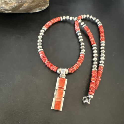 Navajo Red Spiny Oyster Pendant Necklace | Sterling Silver Inlay | Authentic Native American Handmade | 16884