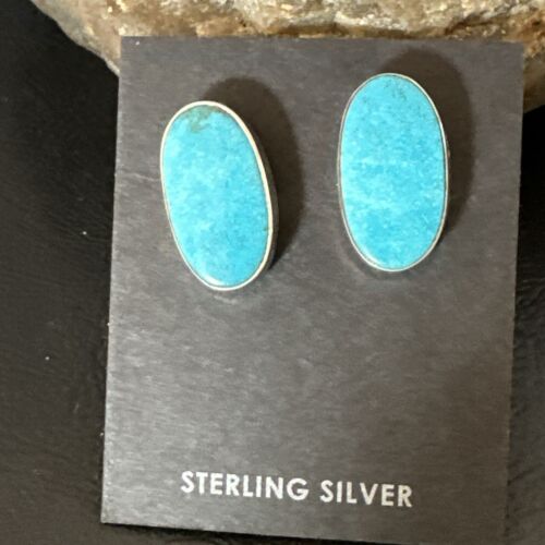 Navajo Blue Kingman Turquoise Post Stud Earrings | Sterling Silver | Authentic Native American Handmade | 17411