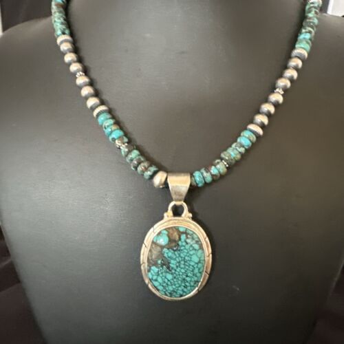 Men's Blue Spiderweb Turquoise Pendant Necklace | Navajo Sterling Silver | Authentic Native American Handmade | 17084