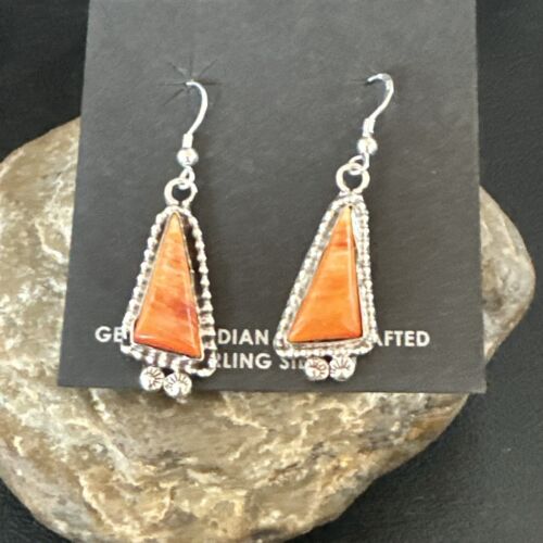 Navajo Orange Spiny Oyster Dangle Earrings | Sterling Silver | Authentic Native American Handmade | 17275