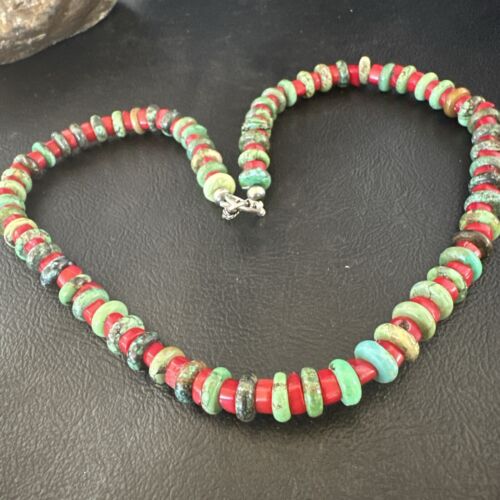 Navajo Green Turquoise and Round Coral Necklace | Sterling Silver | 18" | Authentic Native American Handmade | 17580 - Masha USA
