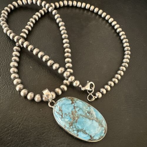 Navajo Blue Spiderweb Turquoise Pendant Necklace | Sterling Silver | Authentic Native American Handmade | 17025