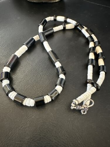 Men's Navajo Black Onyx White Shell Necklace | Sterling Silver | 26" | Authentic Native American Handmade | 17583