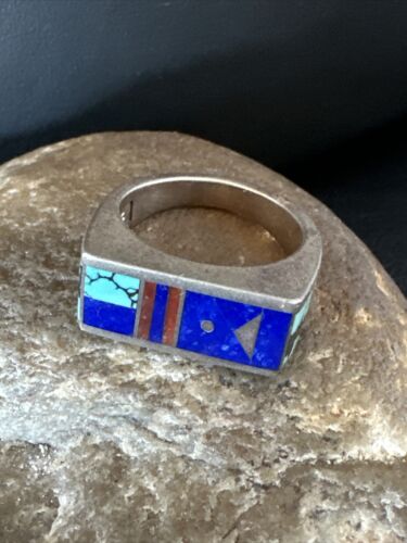 Men's Navajo Inlay Ring | Sterling Silver Lapis Blue Spiderweb Turquoise | Sz 8 | 15915