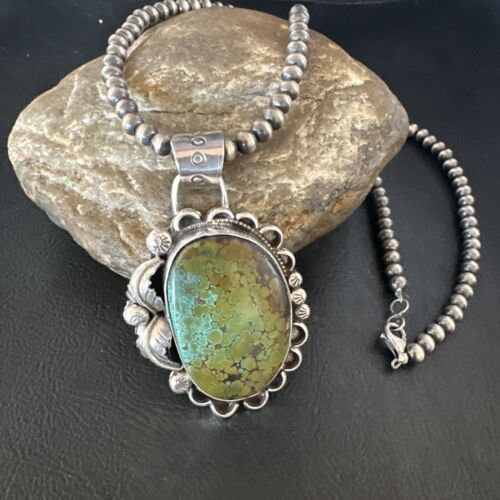 Navajo Green Turquoise Pendant Necklace | Sterling Silver | Authentic Native American Handmade | 15040