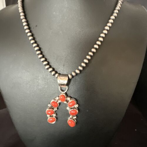 Navajo Horseshoe Naja Red Coral Pendant Necklace | Sterling Silver | Authentic Native American Handmade | 15754
