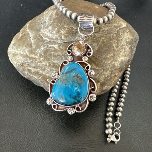 Navajo Blue Kingman Turquoise Wild Horse Necklace Pendant | Sterling Silver | Authentic Native American Handmade | 17221