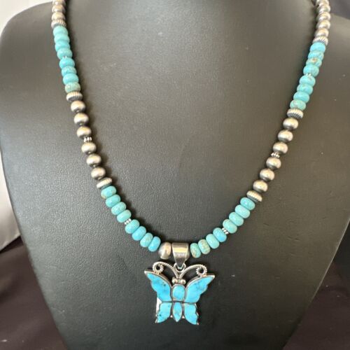 Navajo Butterfly Blue Ridge Turquoise Inlay Pendant Necklace | Sterling Silver | Authentic Native American Handmade | 16642