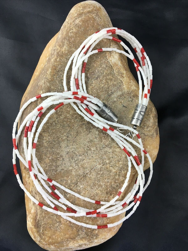 Men's Navajo Red White Coral Heishi Necklace | Sterling Silver | 6 Strand | 18" | 10147