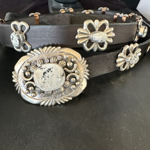 Cintura Con Fibbia Concho Navajo In Argento Antico E Turchese Regolabile Fatto In Italia 710706 - Foto 4