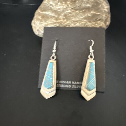 Navajo Blue Turquoise Inlay Earrings | Sterling Silver | Authentic Native American Handmade | 15269