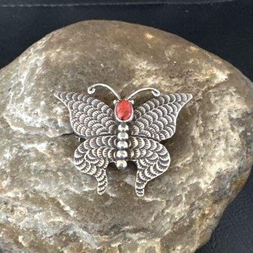 Navajo Butterfly Red Coral Pin Pendant | Sterling Silver | 1.25" | Authentic Native American Handmade | 15235