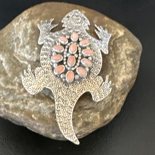 Handmade Stamped Navajo Pink Coral Horny Toad Pin | Authentic Native American Jewelry | 15669