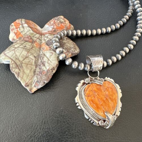 Navajo Orange Spiny Oyster Heart Pendant Necklace | Sterling Silver | Authentic Native American Handmade | 16296