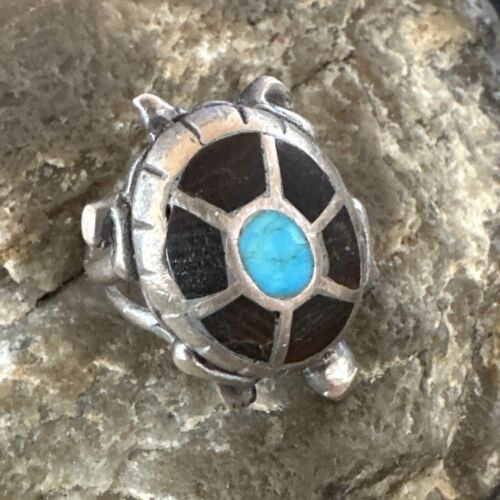 Navajo Blue Turquoise Onyx Turtle Ring | Sterling Silver | Sz 7 | Authentic Native American Handmade | 16980