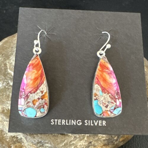 Navajo Red Spiny Oyster Turquoise Inlay Dangle Earrings | Sterling Silver | Authentic Native American Handmade | 15559
