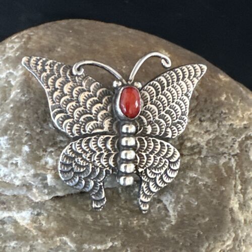 Navajo Butterfly Red Coral Pin Pendant | Sterling Silver | 1.25" | Authentic Native American Handmade | 15526
