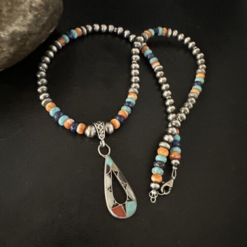 Navajo Spiny Oyster Turquoise Lapis Inlay Pendant Necklace | Sterling Silver | 21" | 16769
