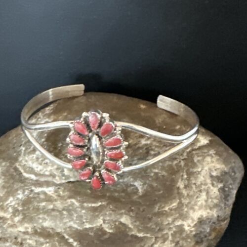 Navajo Red Coral Cluster Cuff Bracelet | Sterling Silver | Authentic Native American Handmade | 15245