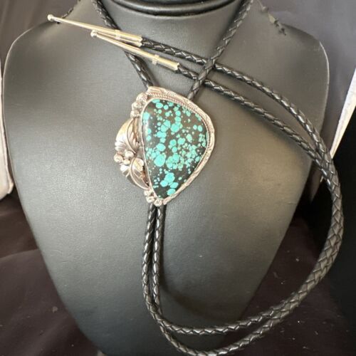 Men's Blue Spiderweb Turquoise Bolo Tie | Navajo Sterling Silver | Authentic Native American Handmade | 15011