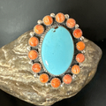 Navajo Turquoise & Spiny Oyster Cluster Ring | Authentic Native American Sterling Silver | Multi-Stone | Sz 12 | 16027