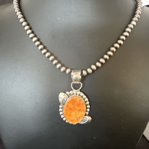 Navajo Orange Spiny Oyster Pendant Necklace | Sterling Silver Pearls | Authentic Native American Handmade | 16553