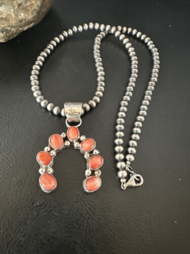 Navajo Red Spiny Oyster Naja Pendant Necklace | Sterling Silver | 20" | Authentic Native American Handmade | 15759