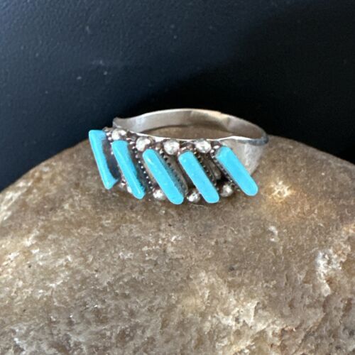 Zuni Blue Turquoise Needle Point Ring | Authentic Native American Sterling Silver | Multi-Stone | Sz 6.5 | 15400