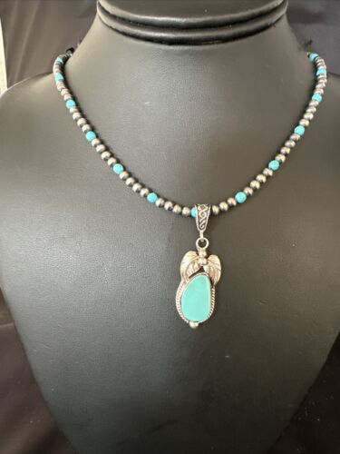 Navajo Pearls Kingman Turquoise Pendant Necklace | Sterling Silver | Authentic Native American Handmade | 14894