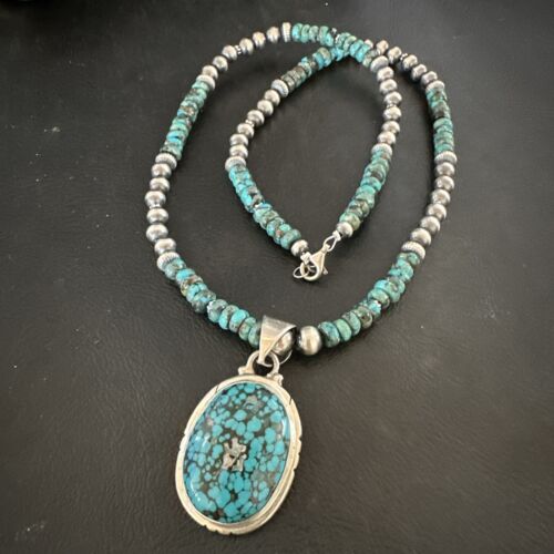 Navajo Men's Blue Spiderweb Turquoise Pendant Necklace | Sterling Silver | 17081