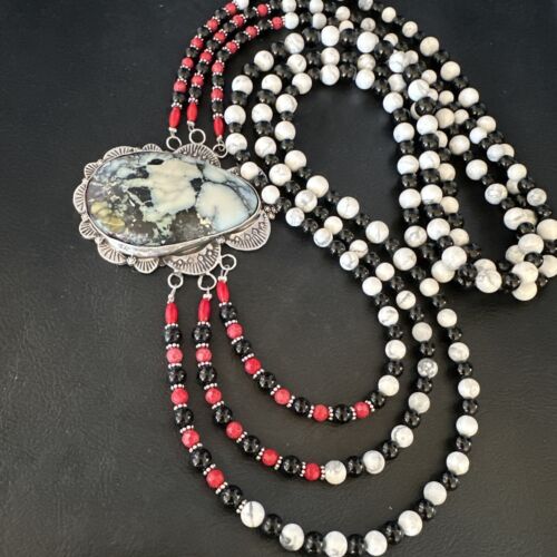 Navajo White Buffalo Turquoise and Coral Pendant Necklace | Sterling Silver | Authentic Native American Handmade | 15495