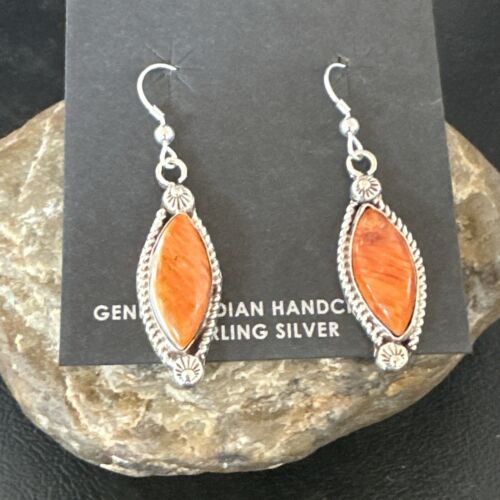 Navajo Orange Spiny Oyster Dangle Earrings | Sterling Silver | Authentic Native American Handmade | 17276