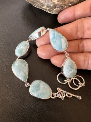 Navajo Blue Larimar Link Bracelet | Sterling Silver | 8" | Authentic Native American Handmade | 16079