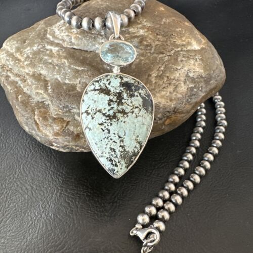 Navajo Dry Creek Turquoise Topaz Pendant Necklace | Sterling Silver | Authentic Native American Handmade | 16314