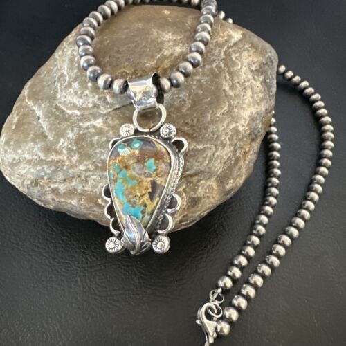 Navajo Blue Turquoise Pendant Necklace | Sterling Silver Pearls | Authentic Native American Handmade | 15657